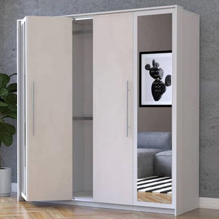 The CHOICEWARDROBE Albany 3 Door Mirrored Wardrobe in Silk White Finish offers modern sliding storage with full-length mirrors, reflecting a gray sofa and framed cactus artwork beside a plant on the left.