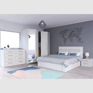 A modern bedroom with a Silk White bed, nightstand, dresser, and a CHOICEWARDROBE Albany 3 Door Mirrored Wardrobe in Silk White. Geometric world map art decorates gray walls above the bed, complemented by a pastel rug on the light wood floor.