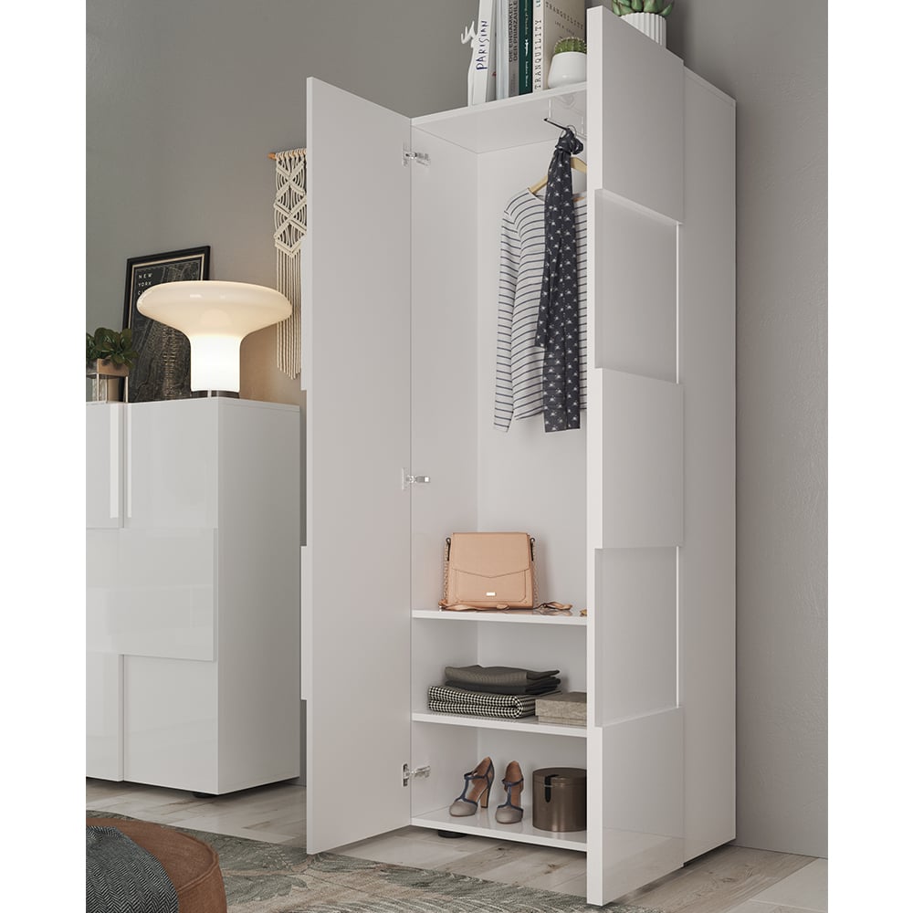 CHOICEWARDROBE Aleta 2 door wardrobe, white high gloss, with hanging rail, shelves, handbag, and shoes visible.