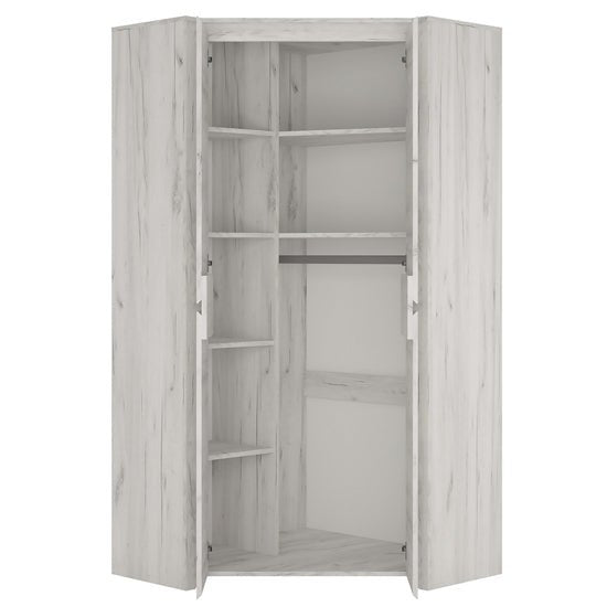 CHOICEWARDROBE Alink 2-door corner wardrobe interior with shelves and hanging rail, white wood grain finish