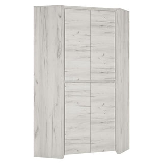 ChoiceWardrobe Alink 96 cm corner wardrobe side angle showing white wood grain texture and two-door design crafted for compact modern bedrooms.