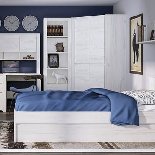 ChoiceWardrobe Alink corner wardrobe displayed in a contemporary bedroom with matching furniture – bright white wood grain finish enhancing natural light and space.