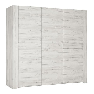 The CHOICEWARDROBE Alink Large 3 Door Wardrobe features a contemporary minimalist design in a white oak effect finish, offering spacious shelving and hanging storage—an elegant, premium-quality addition to any modern bedroom.