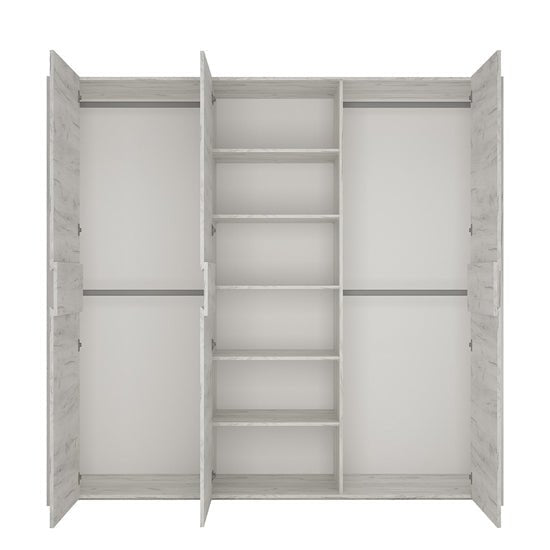 CHOICEWARDROBE 3-door wardrobe white oak effect with open doors showing hanging space and central shelves.