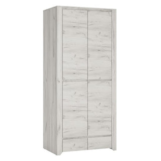 The CHOICEWARDROBE Alink Wooden Wardrobe has 2 doors and 2 drawers, measures 84cm wide, and features a modern white design with clean lines, compact storage shelves, and a hanging rail.