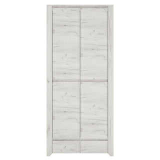 The CHOICEWARDROBE Alink Wooden Wardrobe is a compact, modern piece in white with 2 doors, 2 drawers, hanging rail, and storage shelves. Its sleek design and textured finish add style to any space. Size: 84cm wide.