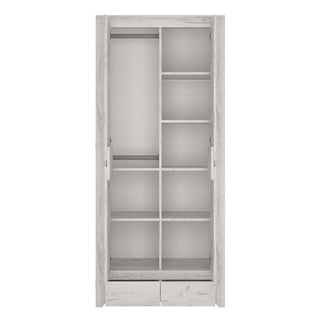 The CHOICEWARDROBE Alink Wooden Wardrobe is a tall, white 2-door unit (84cm), featuring a hanging rail on the left, multiple open shelves, and 2 bottom drawers. The empty wardrobe is viewed from the front in its modern compact design.