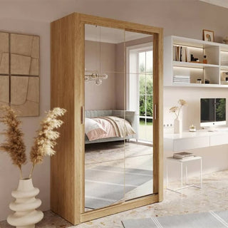 Front view of ChoiceWardrobe Aliso Sliding Wardrobe in Shetland Oak with mirrored doors, 120cm wide.
