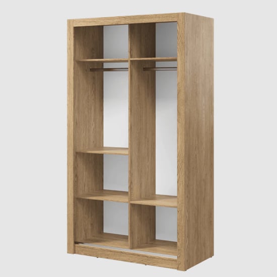 Internal view of CHOICEWARDROBE Aliso 120cm sliding door wardrobe in Shetland Oak with shelves and hanging rail.