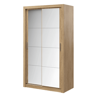 ChoiceWardrobe Aliso 120cm Sliding Wardrobe in Shetland Oak with full mirror door – modern bedroom setting with natural lighting.