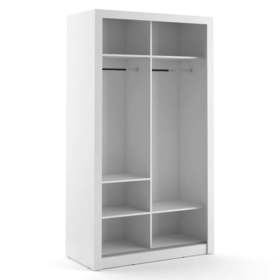 White mirrored sliding door wardrobe interior view with dual compartments and hanging rails.