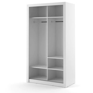 The CHOICEWARDROBE Aliso 120cm white sliding door wardrobe features a mirror, two hanging rails, and multiple shelves for storage, displayed freestanding against a plain white background.