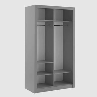 A CHOICEWARDROBE Aliso 2 Door Mirrored Sliding Wardrobe in matt grey with full-length mirrors, internal shelving, and a modern space-saving design stands against a plain light gray background.