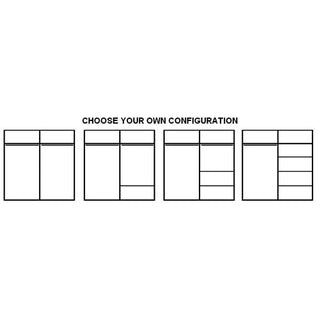 Four CHOICEWARDROBE Aliso 2 Door Mirrored Sliding Wardrobes in matt grey, each with unique internal shelving, are displayed under "CHOOSE YOUR OWN CONFIGURATION" on white. Some feature full-length mirrored sliding doors for a modern, space-saving look.