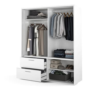 The CHOICEWARDROBE Aliso 2 Door Sliding Wardrobe (180 cm, White Matt Finish) features a mirrored panel design, drawers, a hanging rail for clothes, shelves for storage boxes and shoes.