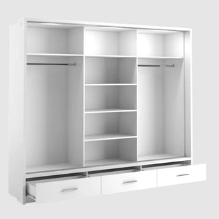 The CHOICEWARDROBE Aliso 250cm 3 Door Sliding Mirrored Wardrobe in matt white has LED lighting, three bottom drawers, open shelving, two hanging rods, and six center shelves—offering spacious storage with a modern look.