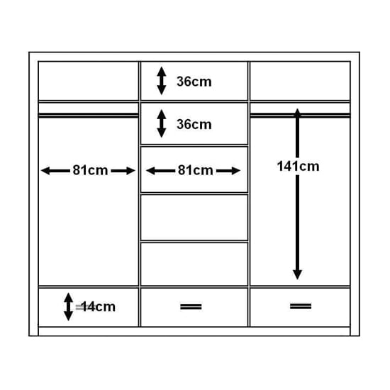 Line drawing of CHOICEWARDROBE Aliso 250cm wardrobe showing 3 mirrored doors, internal layout with 3 drawers, 81cm hanging spaces, and 36cm shelves.