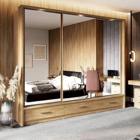 CHOICEWARDROBE Aliso 250cm 3-door sliding wardrobe in Shetland Oak with mirrored doors and LED lighting.