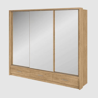 The CHOICEWARDROBE Aliso 250cm features three sliding mirrored doors, LED lighting, and storage drawers in a refined Shetland Oak finish.