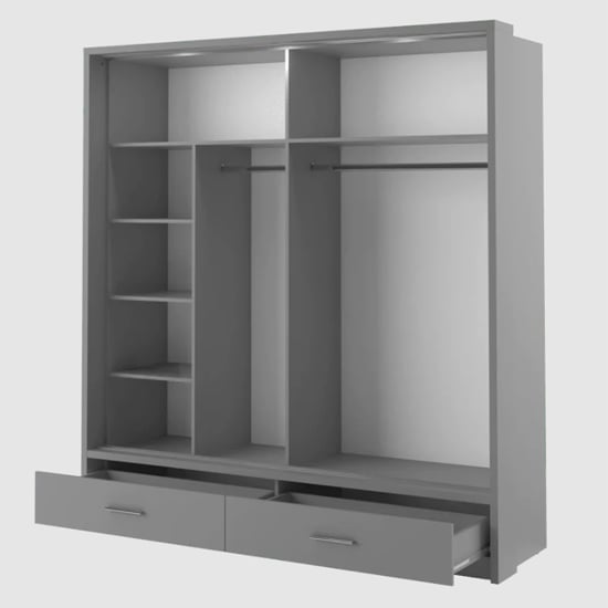 Matt grey sliding wardrobe with two doors, one mirrored, and two visible drawers.