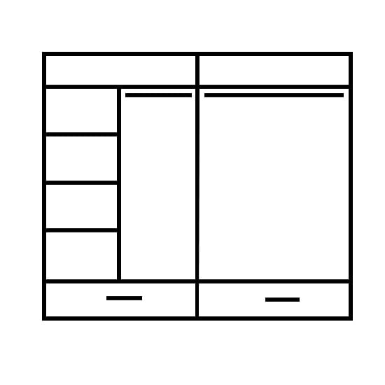 Line drawing of a CHOICEWARDROBE Aliso sliding wardrobe in matt grey finish with shelves on left and two hanging spaces.