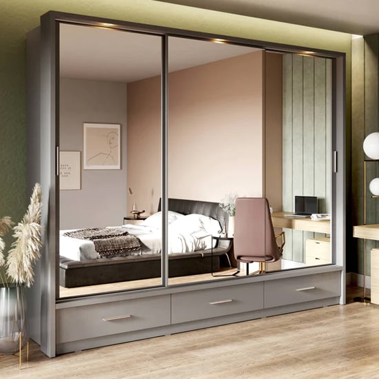 Matt grey 3-door sliding wardrobe with full mirrored front, LED lighting and storage drawers