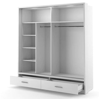 The CHOICEWARDROBE Aliso LED Mirrored Wardrobe features 2 sliding doors, modern LED lighting, a soft-close system, full-length mirror panels, and a matt white finish.