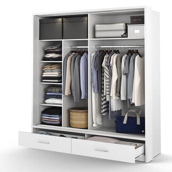 CHOICEWARDROBE Aliso 200cm matt white wardrobe with 2 sliding doors, mirrored panel and 2 bottom drawers.