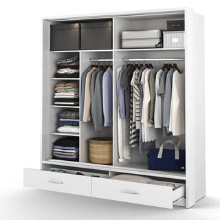 The CHOICEWARDROBE Aliso LED Mirrored Wardrobe (200cm, Matt White) features open shelves, space for hanging and folded clothes, storage for boxes and bags, a soft-close system, two drawers at the bottom, and full-length mirrored sliding doors.