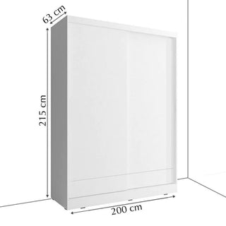 The CHOICEWARDROBE Aliso LED Mirrored Wardrobe with 2 sliding doors in matt white fits perfectly in a corner, measuring 215 cm high, 200 cm wide, and 63 cm deep. Modern LED lighting, soft-close system, and full-length mirrors add style and versatility.