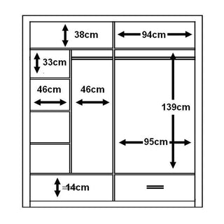 Detailed layout of the CHOICEWARDROBE Aliso LED Mirrored Wardrobe (200cm, 2 sliding doors) in Matt White, with labeled compartments and shelf spaces: 38cm, 94cm, 33cm, 46cm, 14cm, 46cm, 139cm, and 95cm.