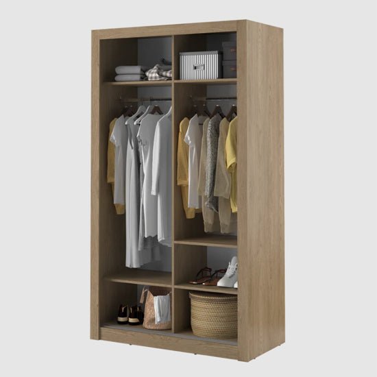 CHOICEWARDROBE Aliso Shetland Oak sliding door wardrobe with visible shelves, hanging rails and storage.