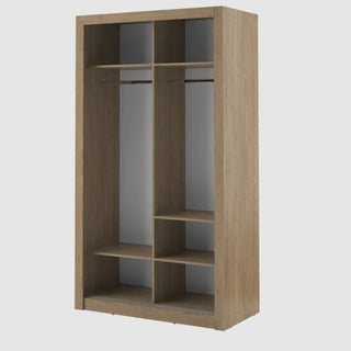 The CHOICEWARDROBE Aliso Shetland Oak Sliding Door Wardrobe with Mirror features a modern wooden finish, two hanging rods, six compartments (three right shelves and three left open spaces) for versatile storage and organization.