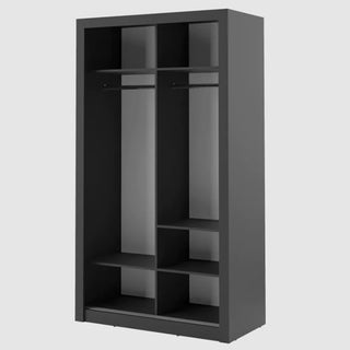 A CHOICEWARDROBE Aliso Sliding Door Wardrobe – 120cm in matt black stands against a light gray background, featuring 2 smooth sliding mirror doors and adjustable storage shelves.