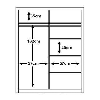 The CHOICEWARDROBE Aliso Sliding Door Wardrobe (120cm, matt black) features a 35cm deep upper left shelf, a main hanging area of 162cm (H) x 57cm (W), and right shelves each 40cm (H) x 57cm (W), perfect for organized adjustable storage.