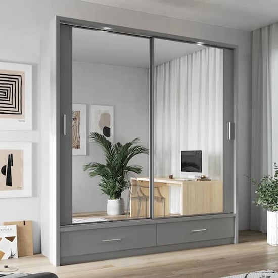 CHOICEWARDROBE Aliso 200cm matt grey sliding mirror wardrobe reflecting an office interior