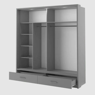 The CHOICEWARDROBE Aliso Sliding Mirror Wardrobe features 2 matt grey doors, a 200cm width, integrated LED lighting, two hanging rods, multiple left-side shelves, and two bottom pull-out drawers set against a light background.