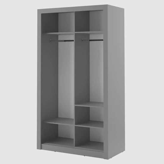 Interior of ChoiceWardrobe Aliso matt grey sliding wardrobe with dual hanging rails and five storage shelves.