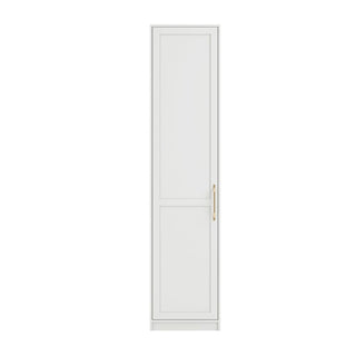 The CHOICEWARDROBE Allen 1 Door Slim Wooden Wardrobe in white features a modern rectangular panel design and a gold right-side handle, shown against a plain white background. Perfect for bedrooms or hallways.