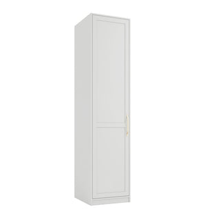 The CHOICEWARDROBE Allen 1 Door Slim Wooden Wardrobe features a modern rectangular design in a white finish, with a gold handle, ideal for bedrooms or hallways as a narrow storage cupboard.