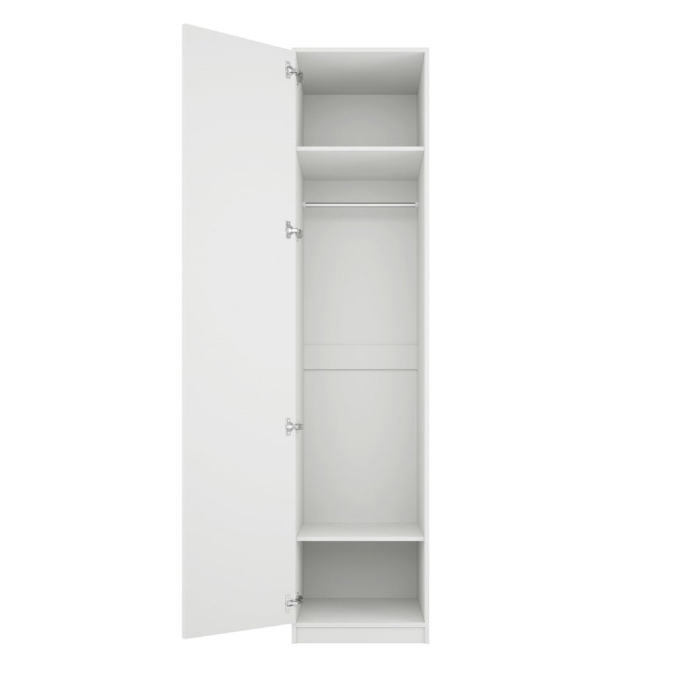 The CHOICEWARDROBE Allen 1 Door Slim Wooden Wardrobe in white finish features a modern, narrow design with gold handle, revealing three shelves and a hanging rod inside—ideal storage for bedroom or hallway.