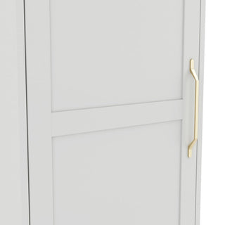 A close-up view of the CHOICEWARDROBE Allen 1 Door Slim Wooden Wardrobe in a white finish, featuring a rectangular panel design and a straight gold handle on the right—ideal modern storage for bedrooms or hallways.