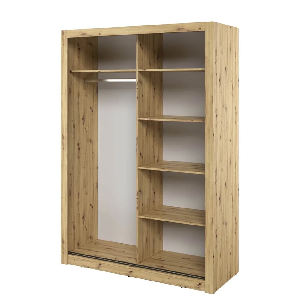 120cm natural oak sliding door wardrobe with full mirrored doors and open shelving.