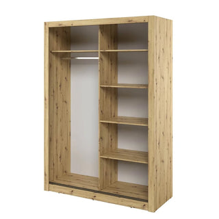 120cm natural oak sliding door wardrobe with full mirrored doors and open shelving.