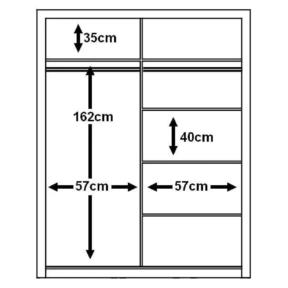 Line drawing of Allen sliding door wardrobe showing dimensions: 162cm height, 57cm width sections.