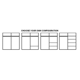 The CHOICEWARDROBE Allen 150cm 2 Door Sliding Mirrored Wardrobe in matt white offers customizable interiors with a top shelf, shelves, and hanging rails. Text above says, “CHOOSE YOUR OWN CONFIGURATION.”.