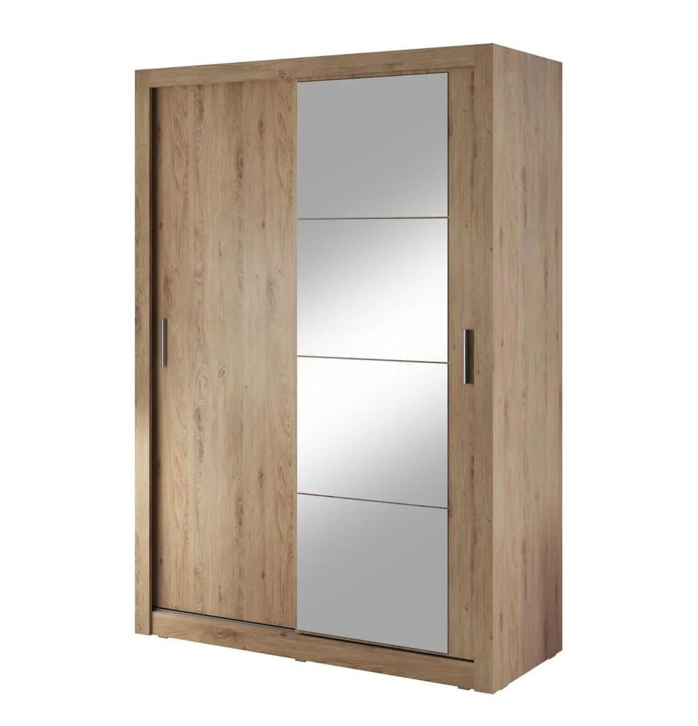 Oak sliding door wardrobe with three rectangular mirrored panels and one solid oak door.