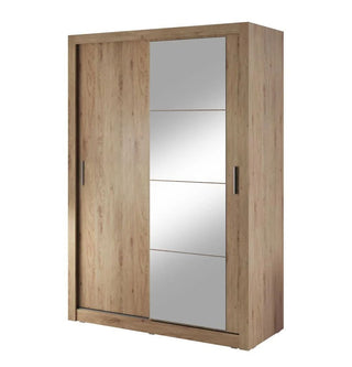 The CHOICEWARDROBE Allen 150cm 2 Door Sliding Mirrored Wardrobe in Oak features shelves, hanging rails, and mirrored panels on one door with vertical metal handles, providing stylish and practical bedroom storage.