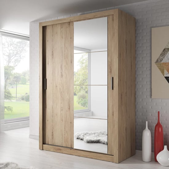 CHOICEWARDROBE Allen 150cm sliding door wardrobe in oak finish with mirrored door panel.