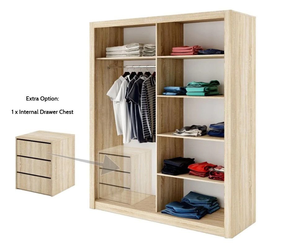 CHOICEWARDROBE Allen 150cm sliding door wardrobe in oak with mirrored door and internal shelves.